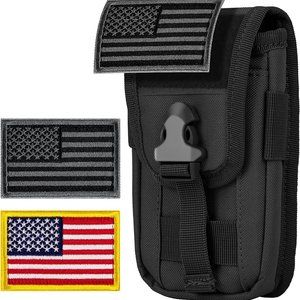 Tactical Cell Phone Holster Pouch with US Flag Patch (Black + 2 Patches #1)